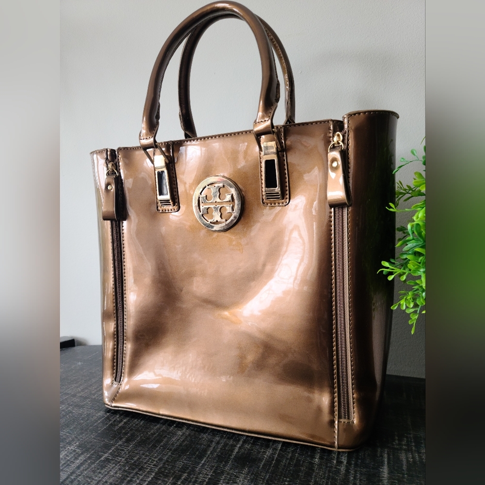 Tory Burch Large Metallic Bronze Patent Tote Bag